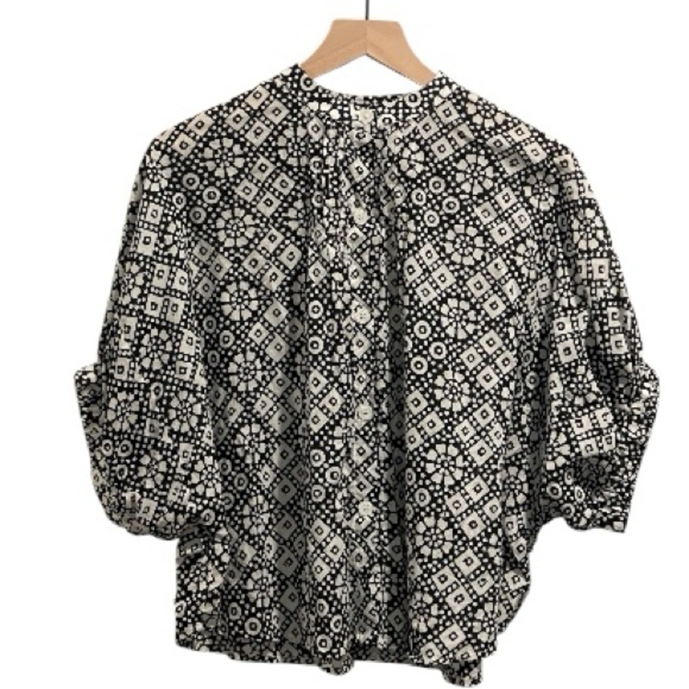 Emerson Fry Mandarin Collar Top, Daisy Check, Black/White, Button Down Front, OS - Picture 3 of 16